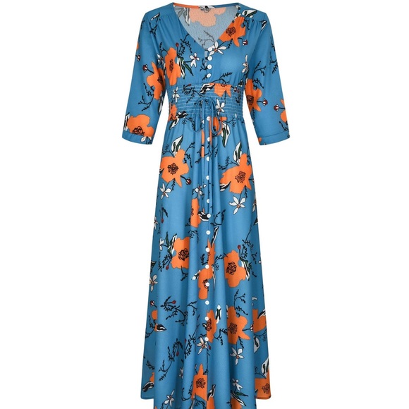 🆕Ocean Blue Floral Half Sleeve Maxi Dress - Picture 3 of 8